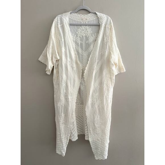Cactus & Pearl XL Embroidered Kimono Duster Ivory Open Front Cardigan Boho Fairy - Picture 1 of 15